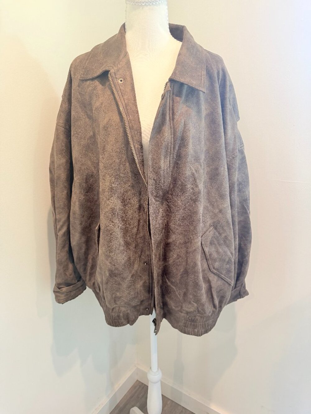Lioness NWT Vintage Style Distressed Brown Faux Leather Bomber Jacket Oversized